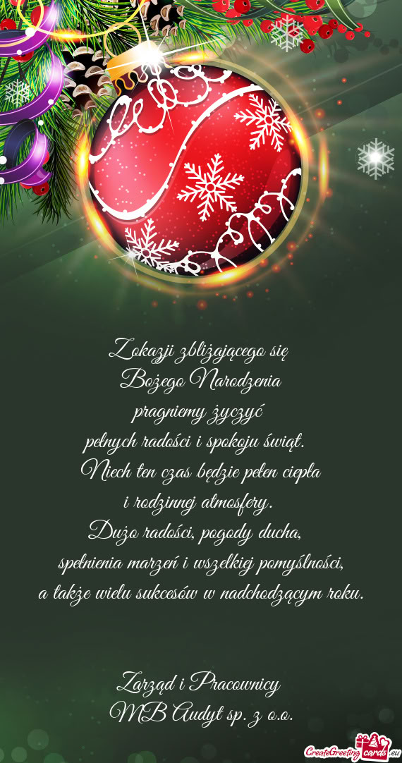 Z okazji zbliżającego się Bożego Narodzenia pragniemy życzyć pełnych radości i spokoju