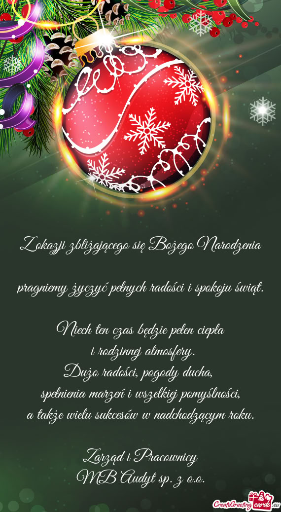 Z okazji zbliżającego się Bożego Narodzenia  pragniemy życzyć pełnych