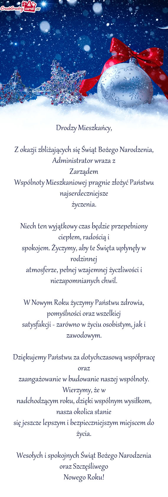 Z okazji zbliżających się Świąt Bożego Narodzenia, Administrator wraza z