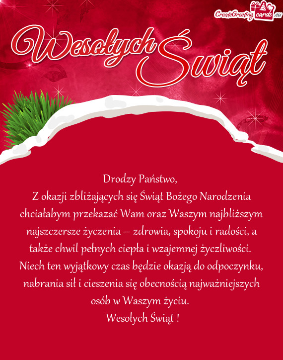 Z okazji zbliżających się Świąt Bożego Narodzenia chciałabym przekazać Wam oraz Waszym najbl