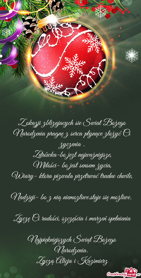 Z okazji zblizajacych sie Świat Bożego Narodzenia pragnę z serca płynące złożyć Ci życzenia
