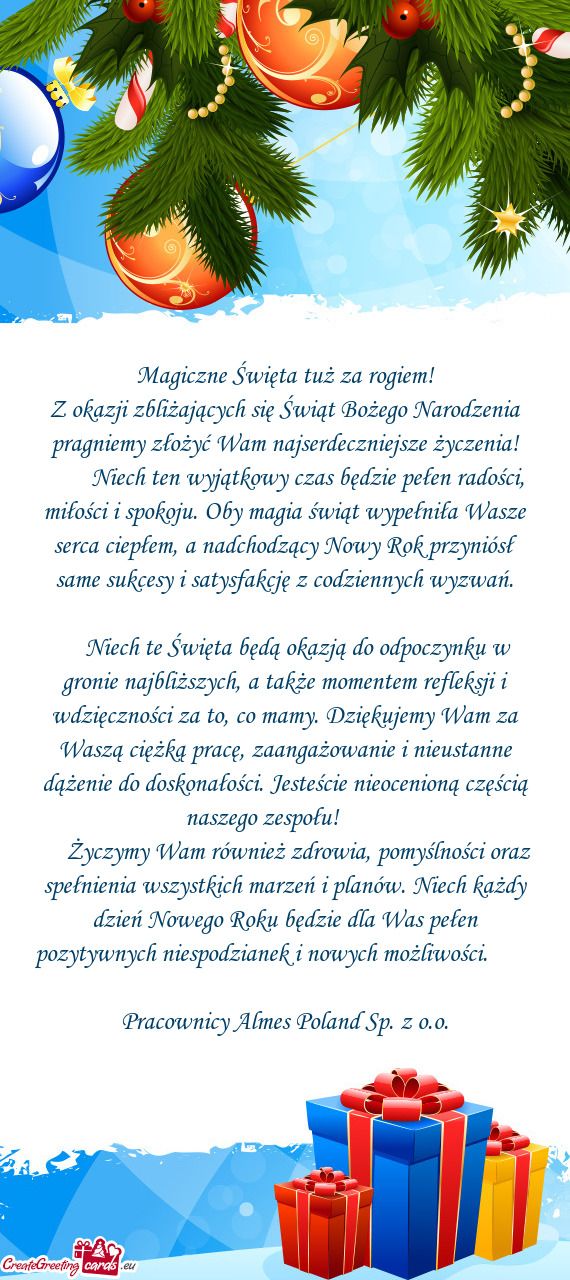 Z okazji zbliżających się Świąt Bożego Narodzenia pragniemy złożyć Wam najserdeczniejsze ż