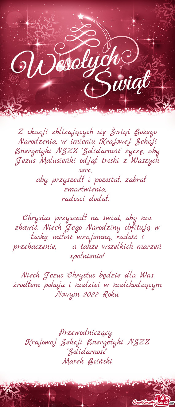 Z okazji zbliżających się Świąt Bożego Narodzenia, w imieniu Krajowej Sekcji Energetyki NSZZ "