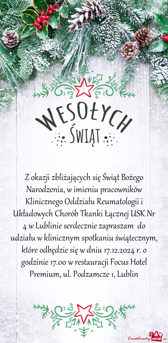 Z okazji zbliżających się Świąt Bożego Narodzenia, w imieniu pracowników Klinicznego Oddział