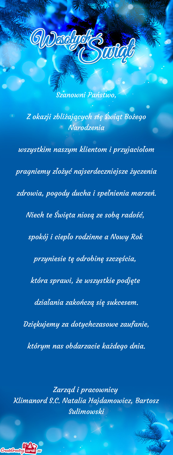 Z okazji zbliżających się Świąt Bożego Narodzenia wszystkim naszym klientom i przyjacio