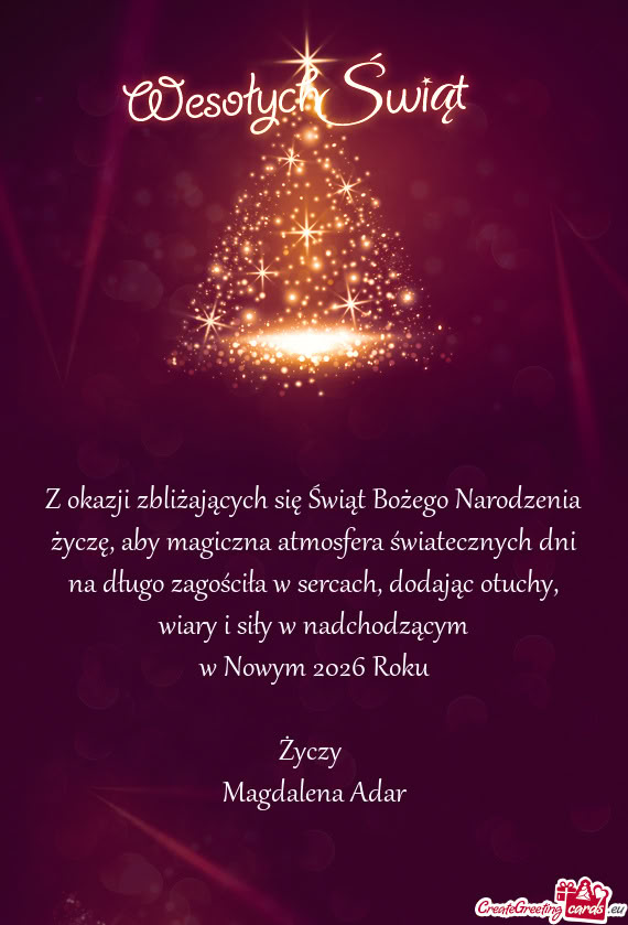 Z okazji zbliżających się Świąt Bożego Narodzenia życzę, aby magiczna atmosfera światecznyc