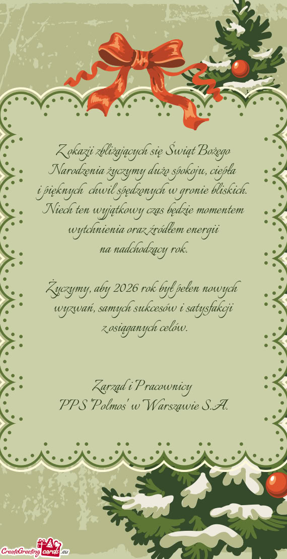 Z okazji zbliżających się Świąt Bożego Narodzenia życzymy dużo spokoju, ciepła