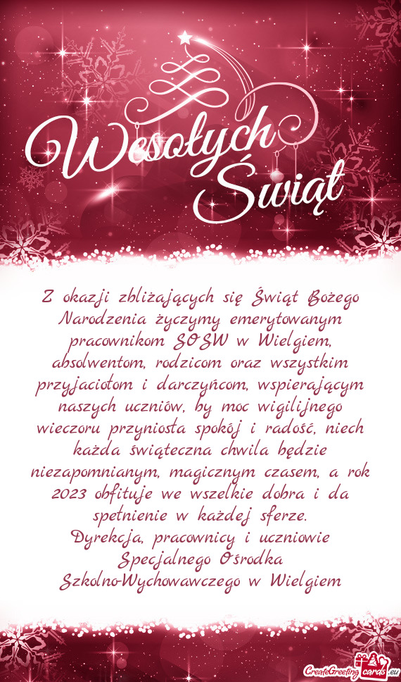 Z okazji zbliżających się Świąt Bożego Narodzenia życzymy emerytowanym pracownikom SOSW w Wie