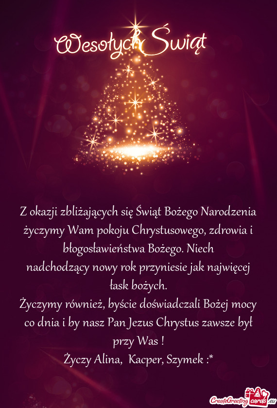 Z okazji zbliżających się Świąt Bożego Narodzenia życzymy Wam pokoju Chrystusowego, zdrowia i