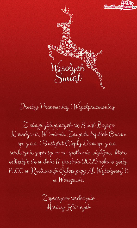 Z okazji zbliżających się Świąt Bożego Narodzenie, W imieniu Zarządu Spółek Oneau sp. z o.o