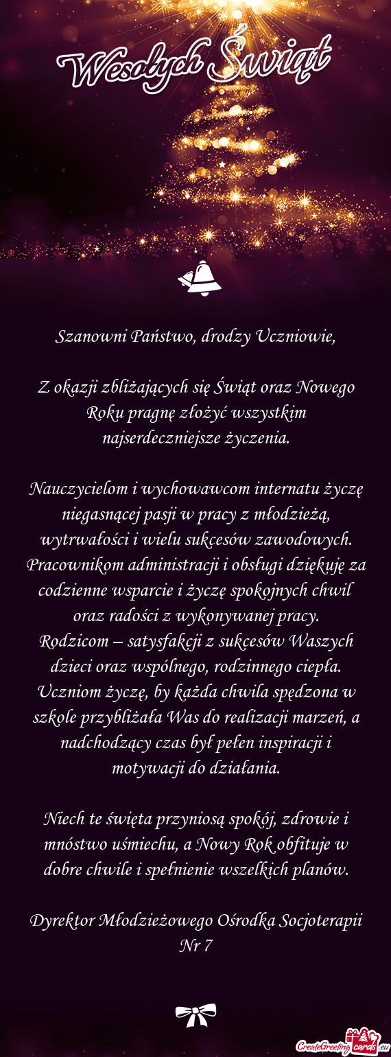 Z okazji zbliżających się Świąt oraz Nowego Roku pragnę złożyć wszystkim najserdeczniejsze