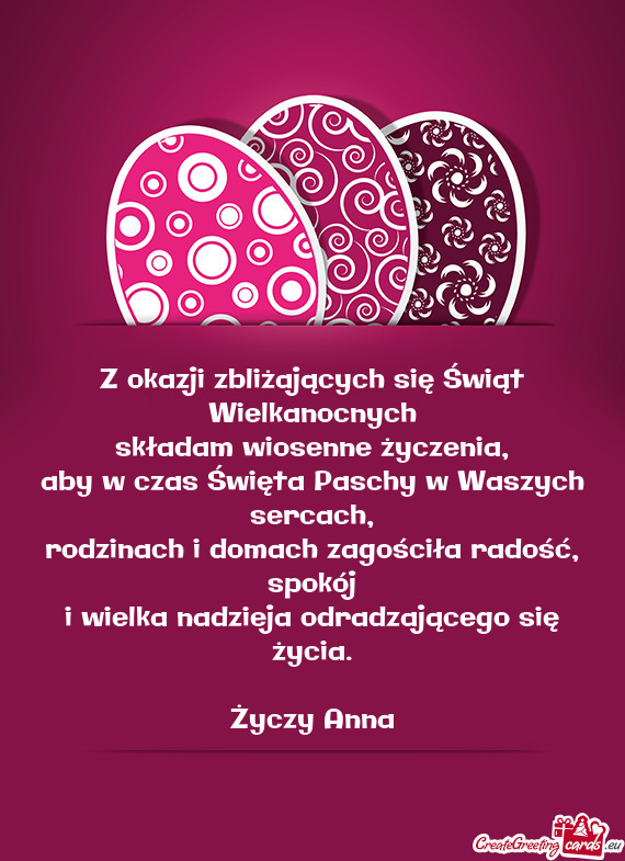 Z okazji zbliżających się Świąt Wielkanocnych  składam wiosenne