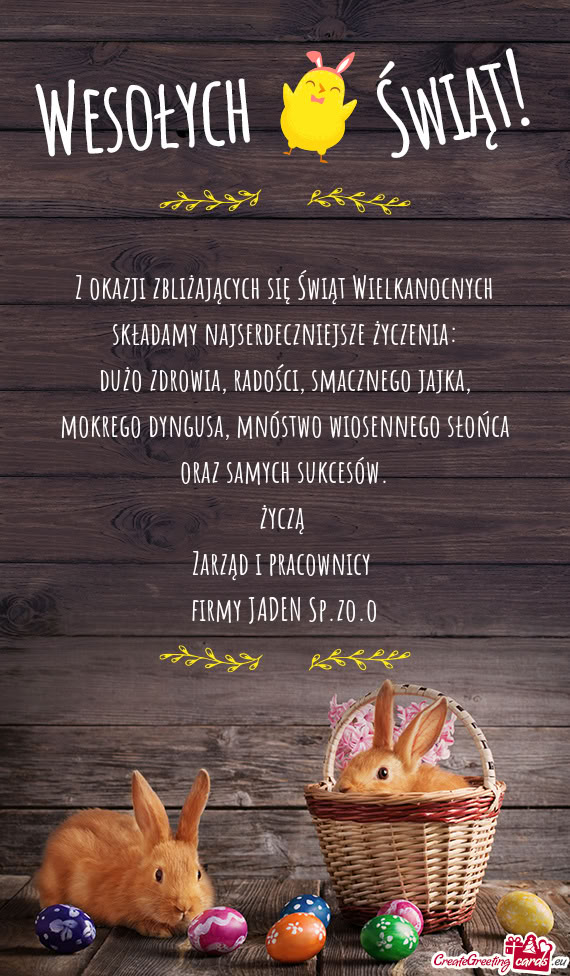 Z okazji zbliżających się Świąt Wielkanocnych  składamy