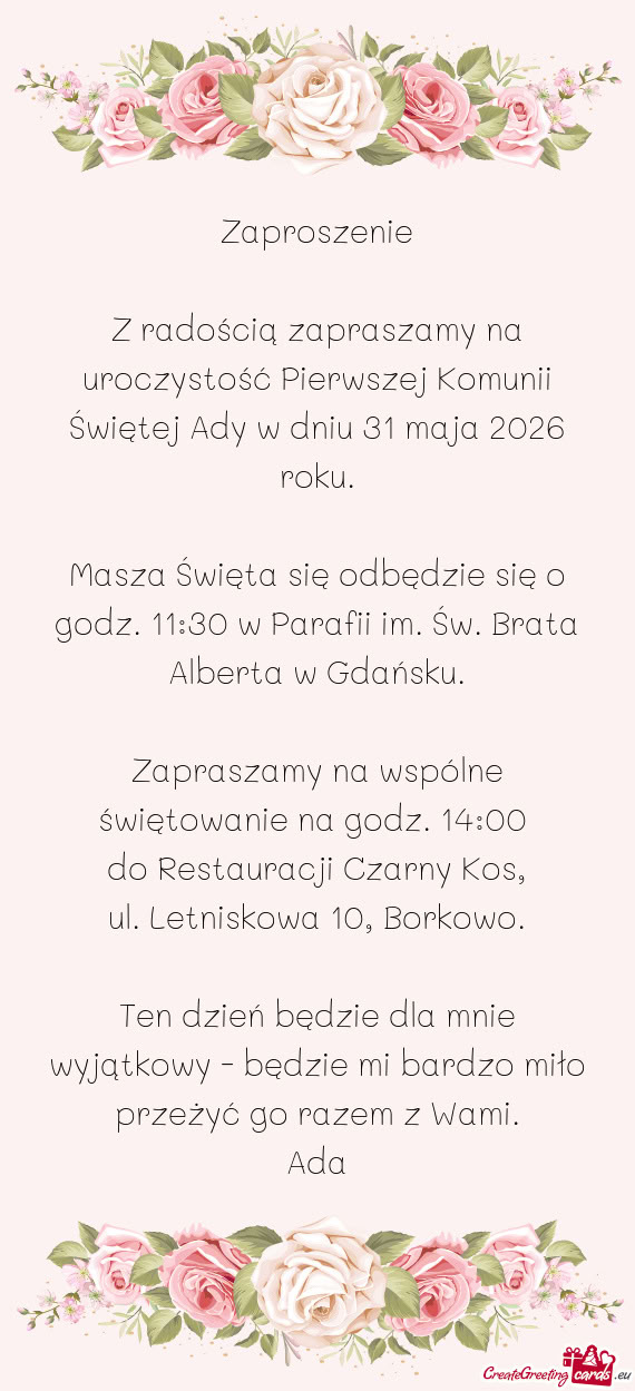 Z radością zapraszamy na uroczystość Pierwszej Komunii Świętej Ady w dniu 31 maja 2026 roku