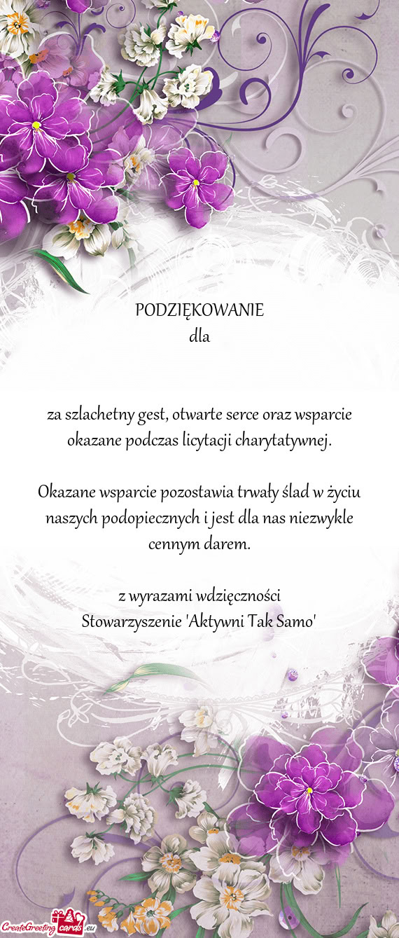Za szlachetny gest, otwarte serce oraz wsparcie okazane podczas licytacji charytatywnej