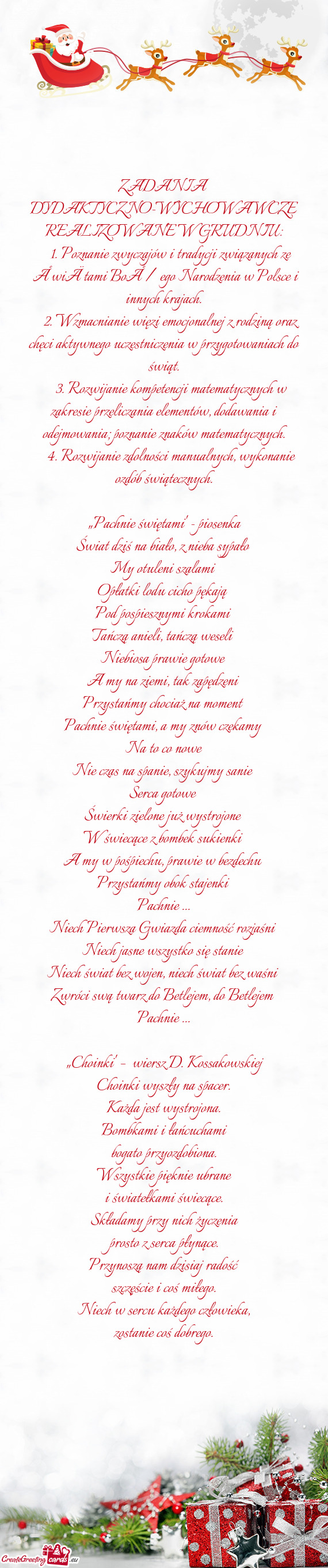 ZADANIA DYDAKTYCZNO-WYCHOWAWCZE REALIZOWANE W GRUDNIU