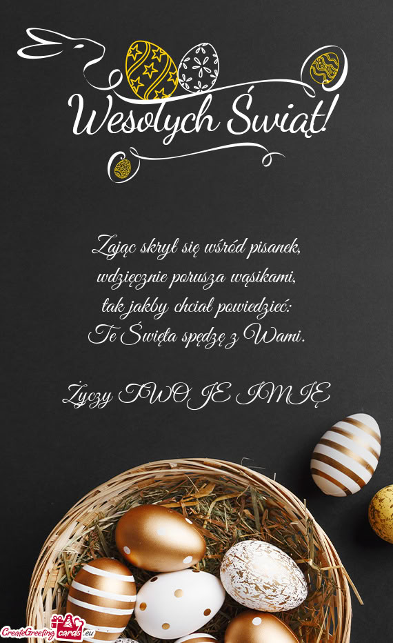 Zając skrył się wśród pisanek,  wdzięcznie porusza wąsikami,  tak jakby