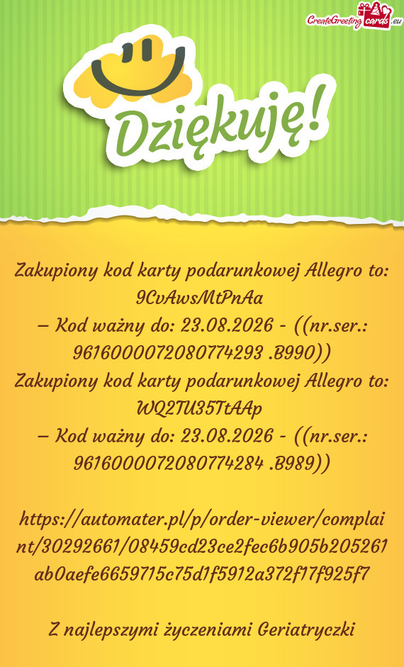Zakupiony kod karty podarunkowej Allegro to: 9CvAwsMtPnAa