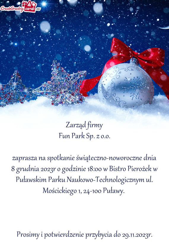 Zaprasza na spotkanie świąteczno-noworoczne dnia 8 grudnia 2023r o godzinie 18:00 w Bistro Pieroż