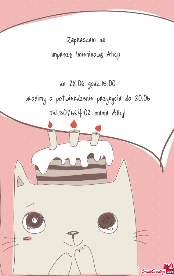 Zapraszam na Imprezę Imieninową Alicji  dn 28