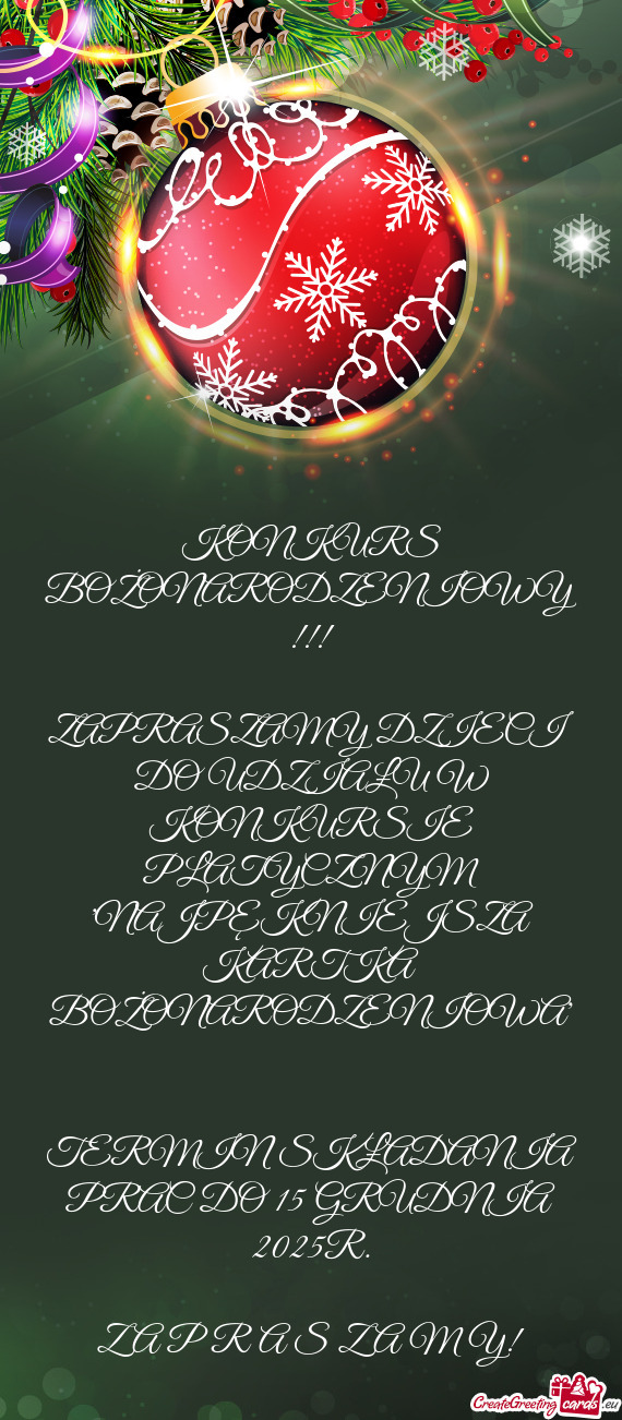 ZAPRASZAMY DZIECI DO UDZIAŁU W KONKURSIE PLATYCZNYM "NAJPĘKNIEJSZA KARTKA BOŻONARODZENIOWA"