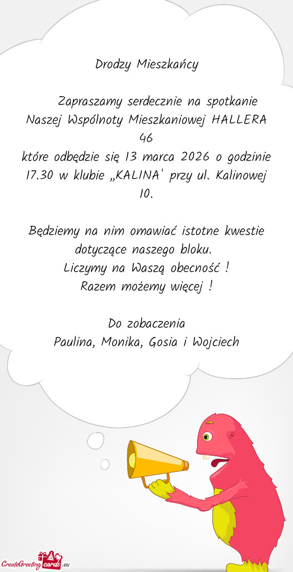 Zapraszamy serdecznie na spotkanie Naszej Wspólnoty Mieszkaniowej HALLERA 46