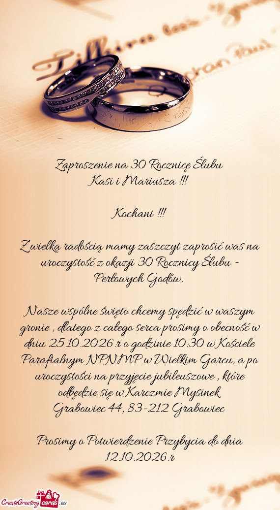 Zaproszenie na 30 Rocznicę Ślubu