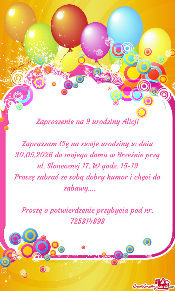 Zaproszenie na 9 urodziny Alicji