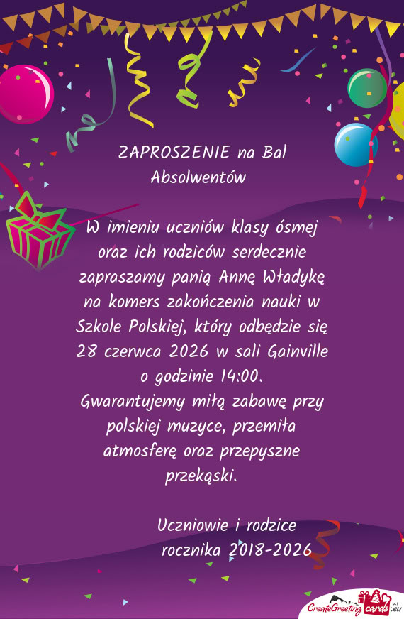 ZAPROSZENIE na Bal Absolwentów