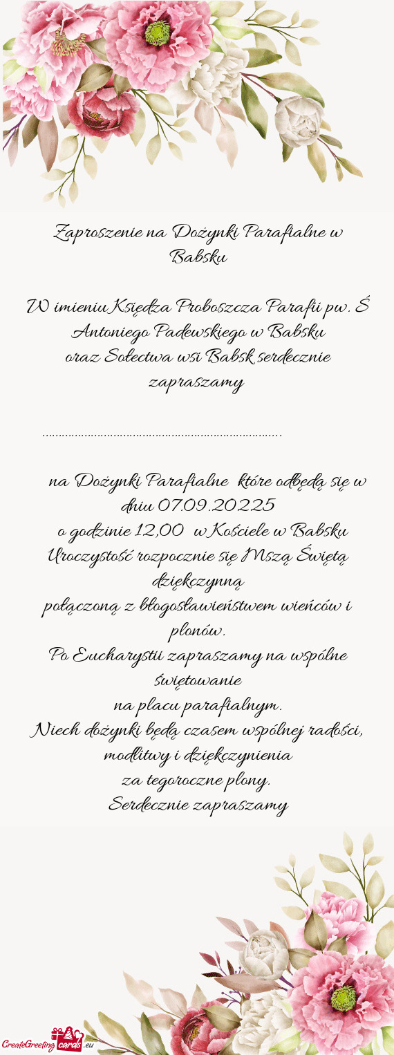 Zaproszenie na Dożynki Parafialne w Babsku