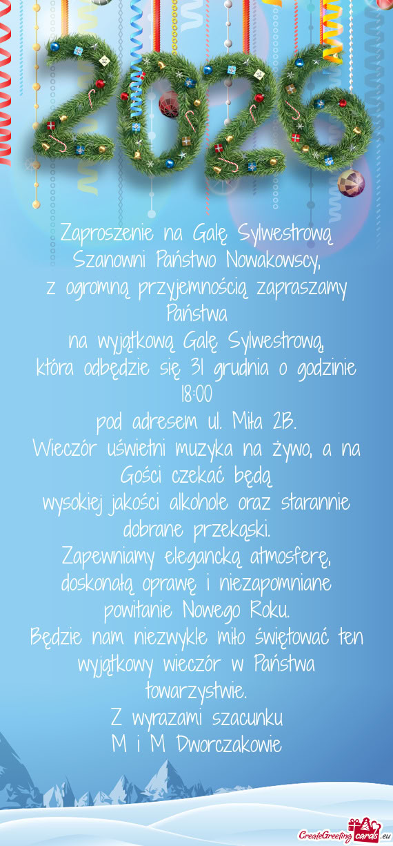 Zaproszenie na Galę Sylwestrową
