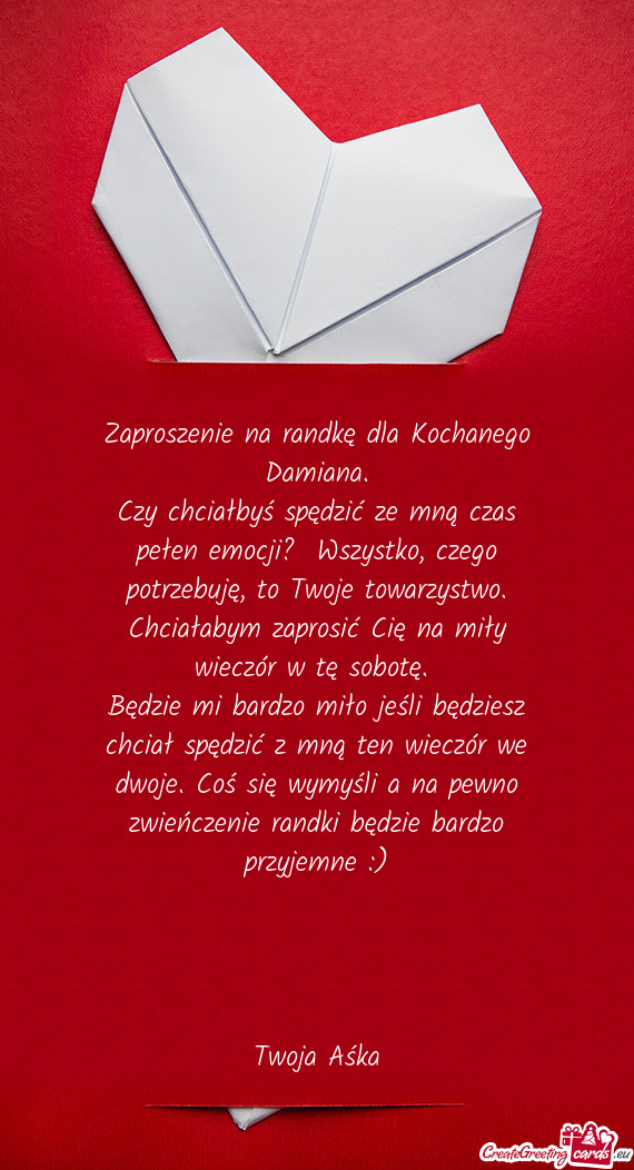 Zaproszenie na randkę dla Kochanego Damiana