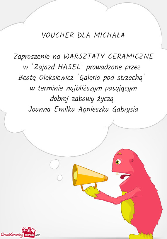 Zaproszenie na WARSZTATY CERAMICZNE w "Zajazd HASEL" prowadzone przez