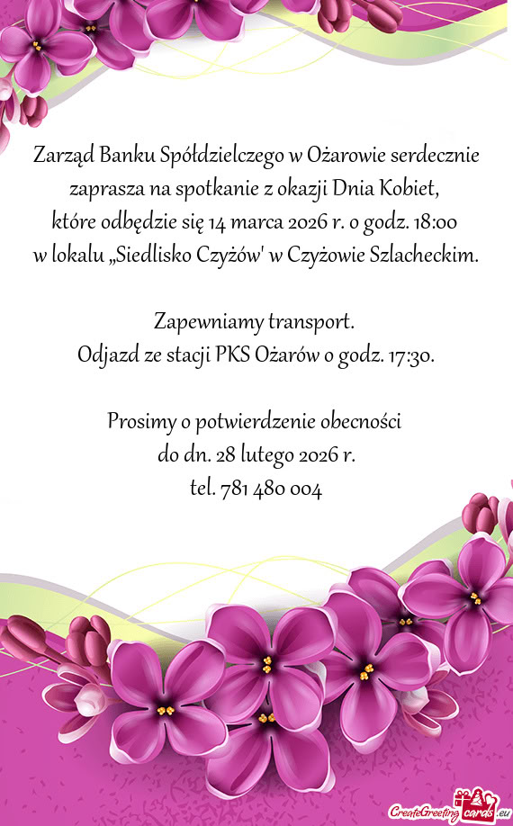 Zarząd Banku Spółdzielczego w Ożarowie serdecznie zaprasza na spotkanie z okazji Dnia Kobiet