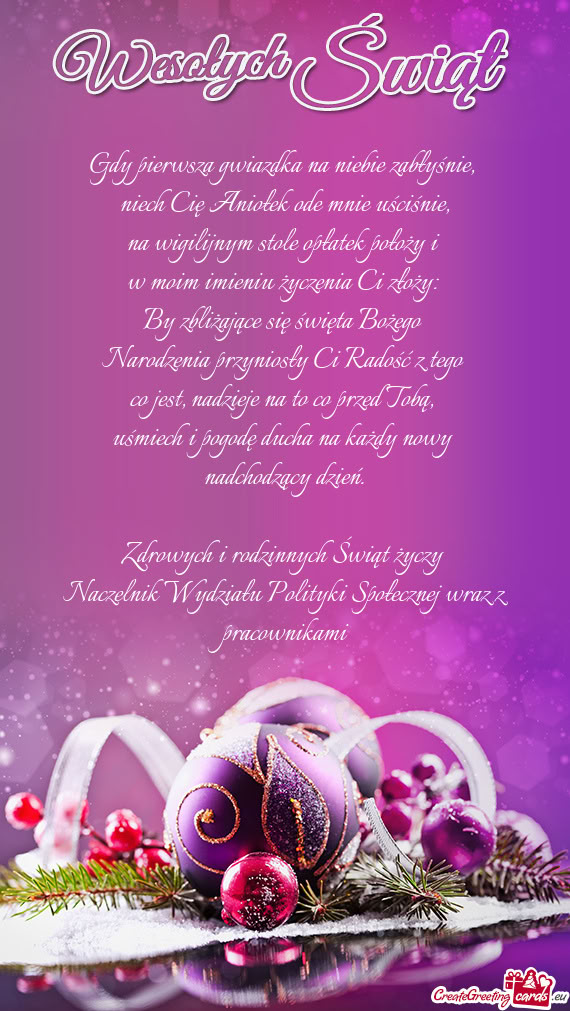 Zdrowych i rodzinnych Świąt Naczelnik Wydziału Polityki Społecznej wraz z pracownik