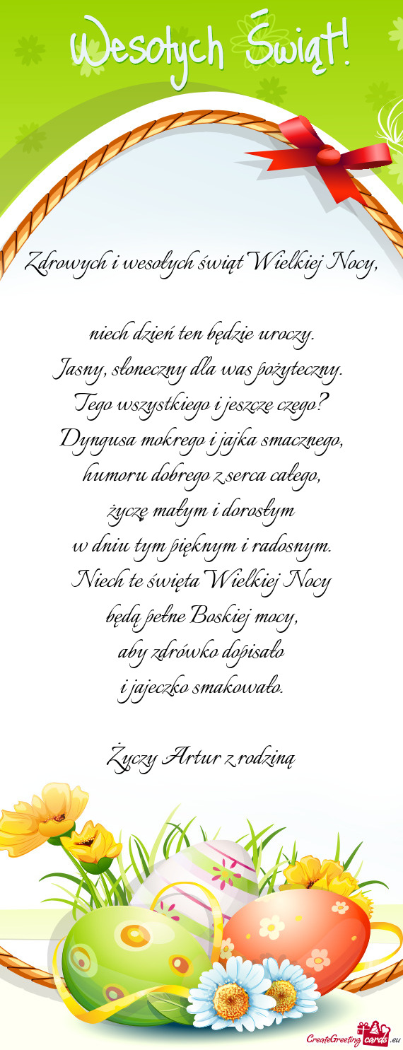 Zdrowych i wesołych świąt Wielkiej Nocy,  niech dzień ten będzie uroczy.