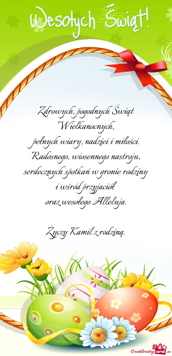 Zdrowych, pogodnych Świąt Wielkanocnych,  pełnych wiary, nadziei i