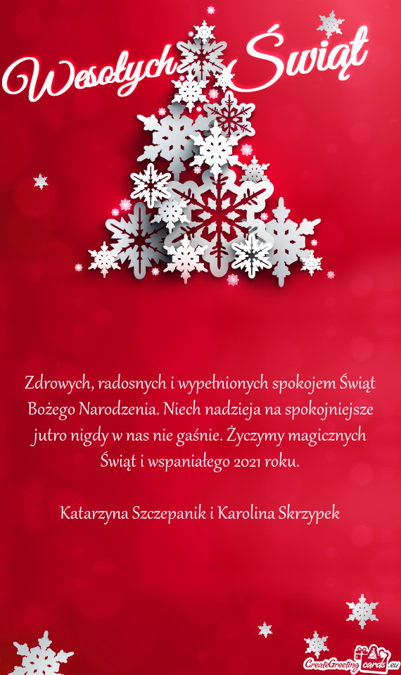 Zdrowych, radosnych i wypełnionych spokojem Świąt Bożego Narodzenia. Niech nadzieja na spokojnie