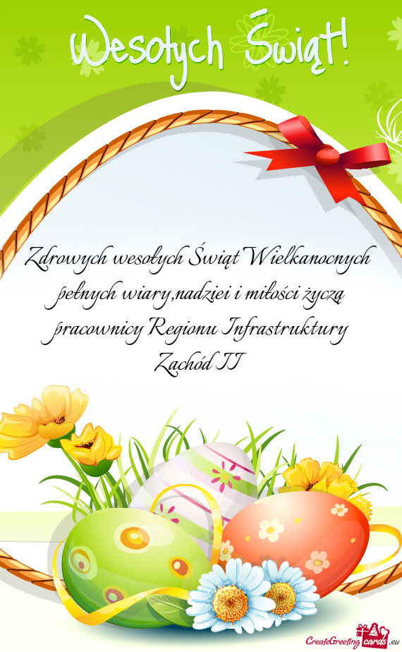 Zdrowych wesołych Świąt Wielkanocnych pełnych wiary,nadziei i miłości życzą pracownicy Regio