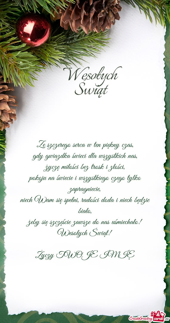 Ze szczerego serca w ten piękny czas,  gdy gwiazdka świeci dla wszystkich