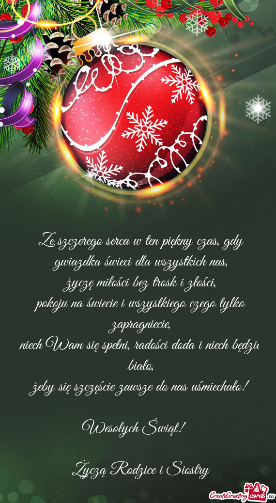 Żeby się szczęście zawsze do nas uśmiechało! Wesołych Świąt!🎄 Życzą Rodzice i