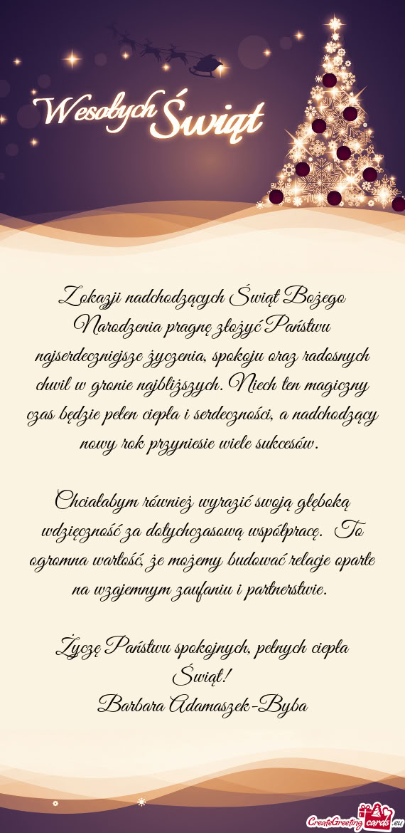 Zenia, spokoju oraz radosnych chwil w gronie najbliższych. Niech ten magiczny czas będzie pełen c