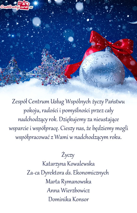 Zespół Centrum Usług Wspólnych Państwu pokoju, radości i pomyślności przez cały nadc