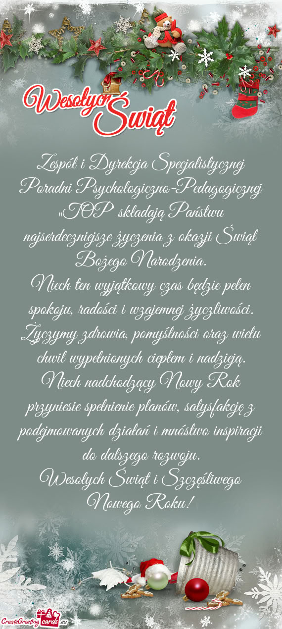 Zespół i Dyrekcja Specjalistycznej Poradni Psychologiczno-Pedagogicznej „TOP” składają Pańs
