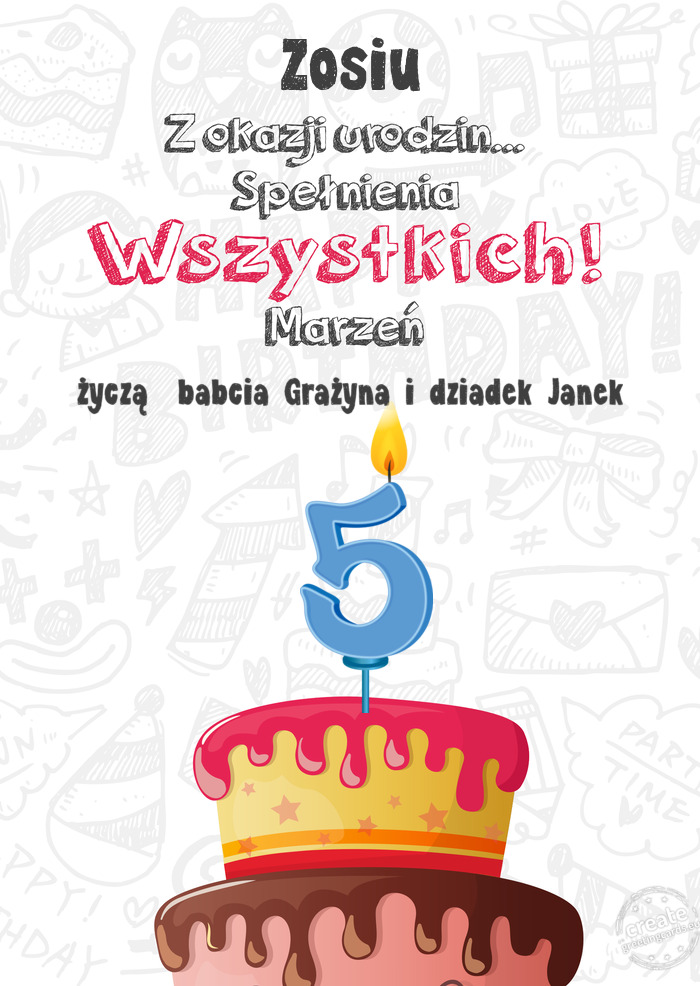 Zosiu Kartka z okazji 5 urodzin, życzą babcia Grażyna i dziadek Janek