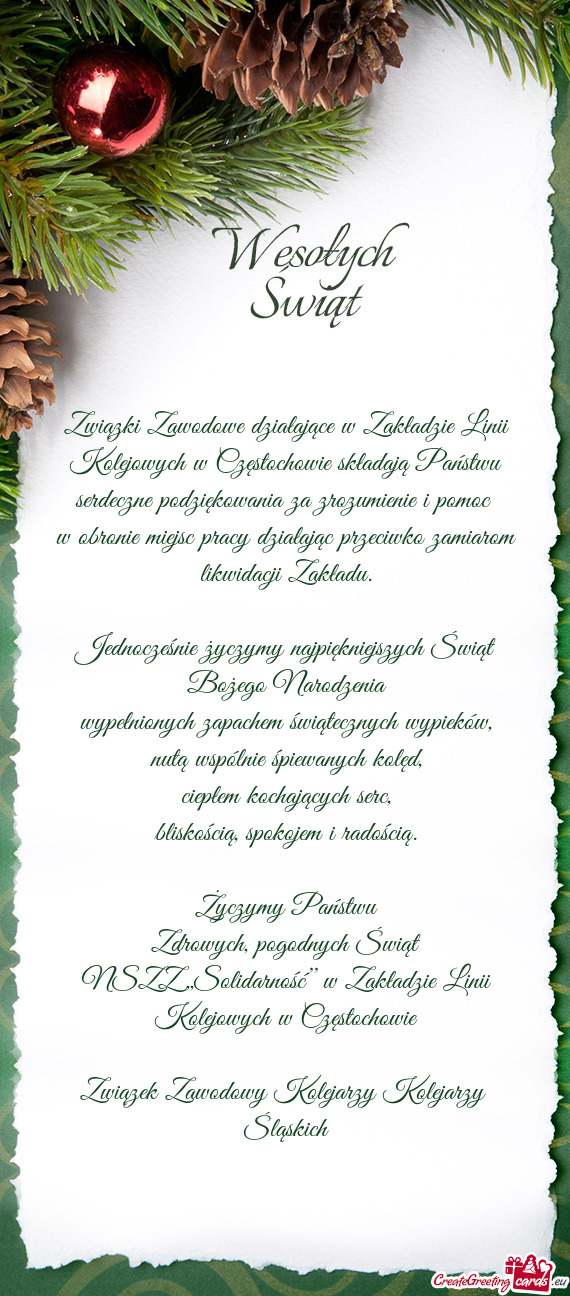 Związki Zawodowe działające w Zakładzie Linii Kolejowych w Częstochowie składają Państwu ser