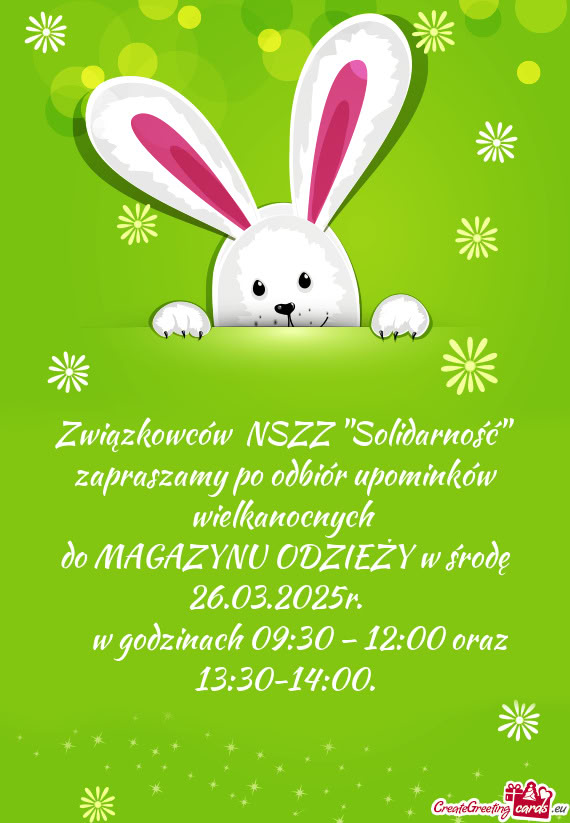Związkowców NSZZ ""Solidarność"" zapraszamy po odbiór upominków wielkanocnych