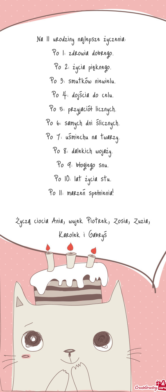 Życzą ciocia Ania, wujek Piotrek, Zosia, Zuzia, Karolek i Gabryś