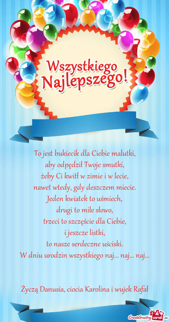Życzą Danusia, ciocia Karolina i wujek Rafał