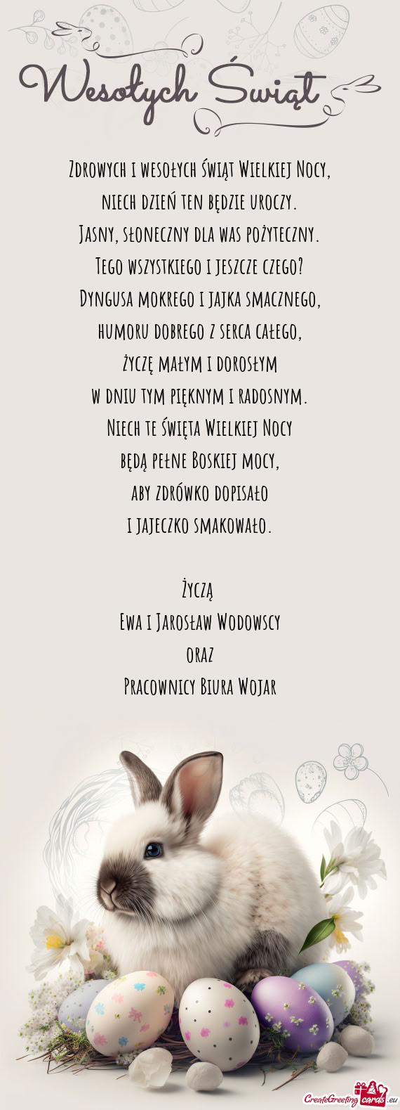 Życzą Ewa i Jarosław Wodowscy oraz Pracownicy Biura Wojar